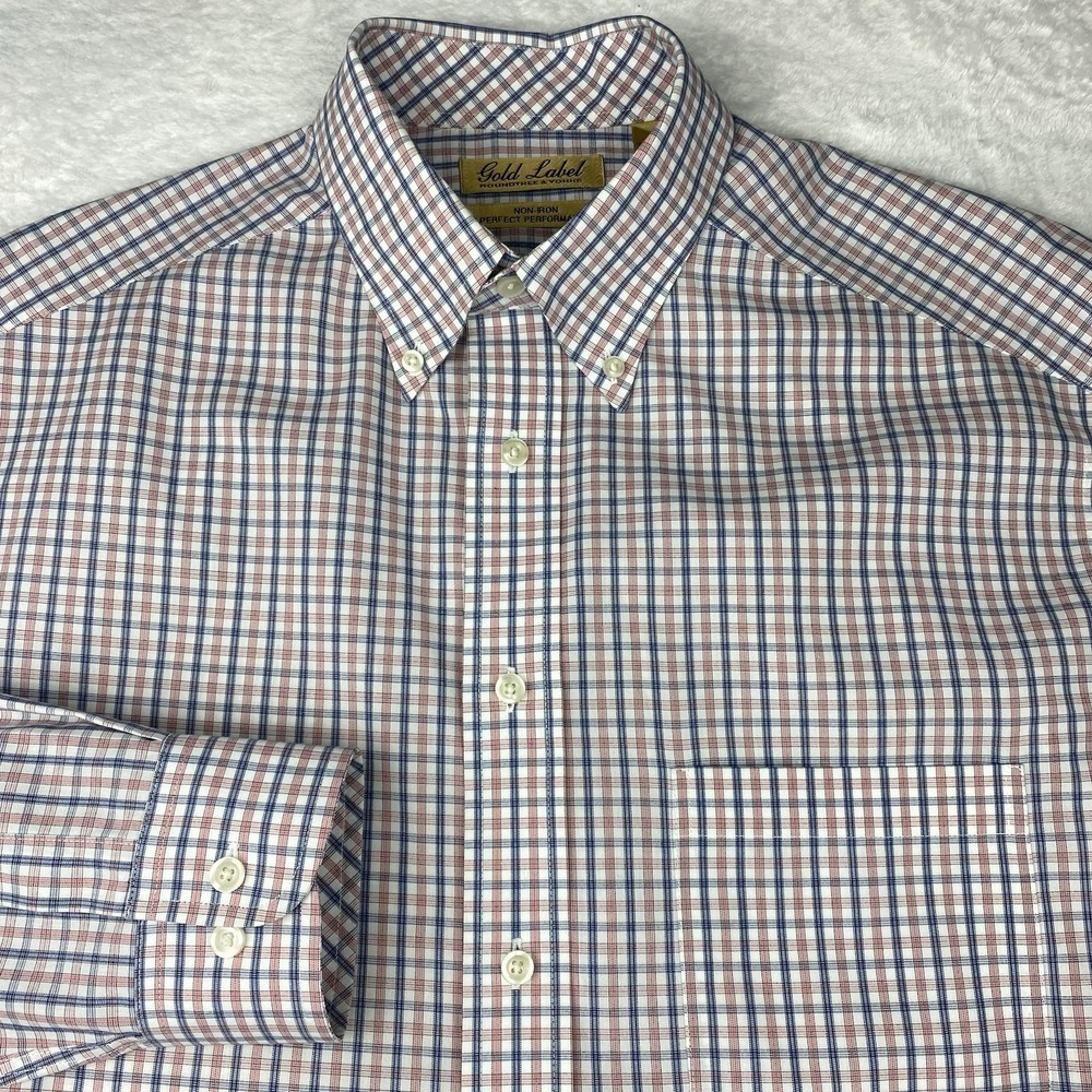 Roundtree & Yorke Gold Label Mens Dress Shirt Large TALL Pink/Blue Check No Iron